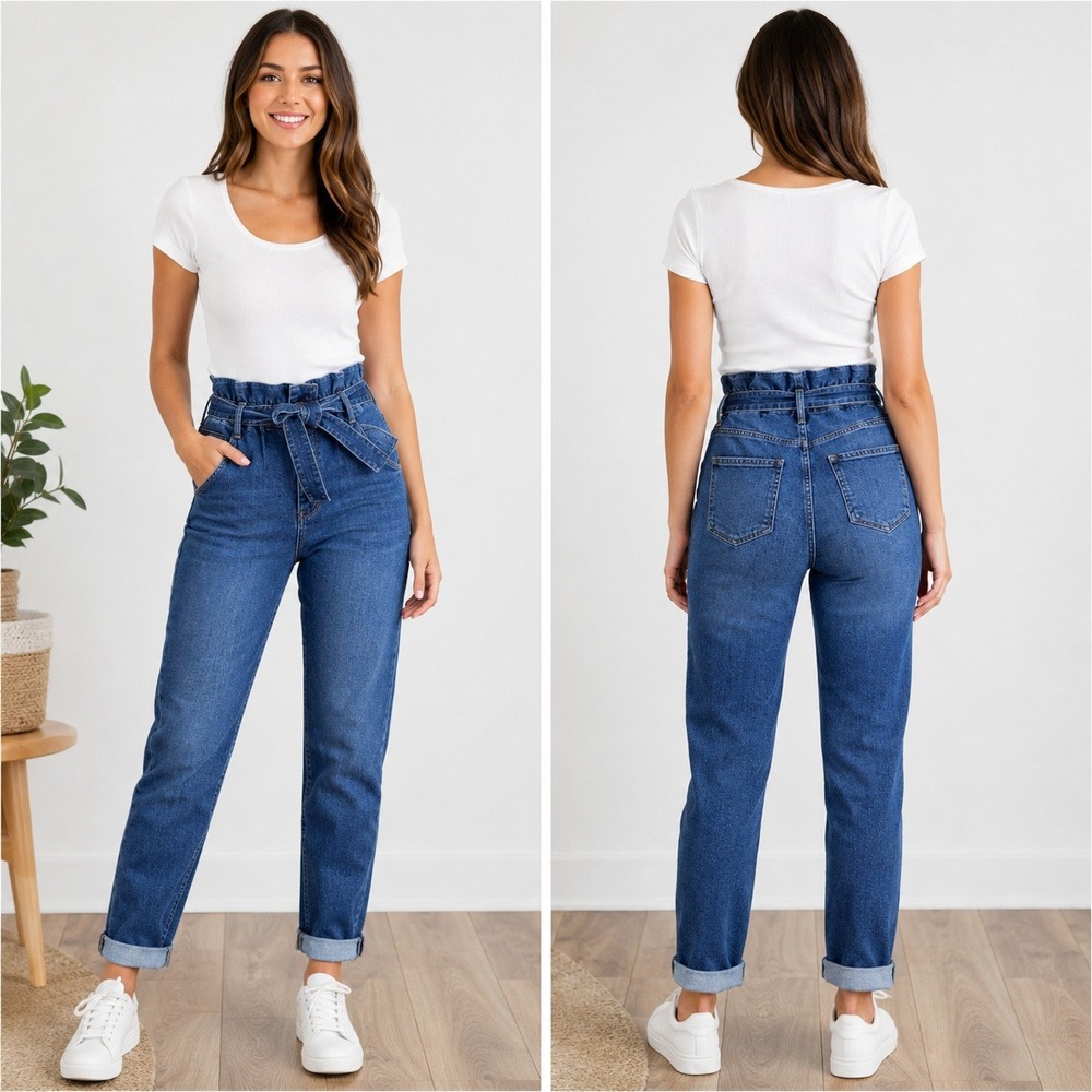 Cello Paperbag Waist Tie Belt‎ Jeans Cuffed Hem Stretch Denim Size 11